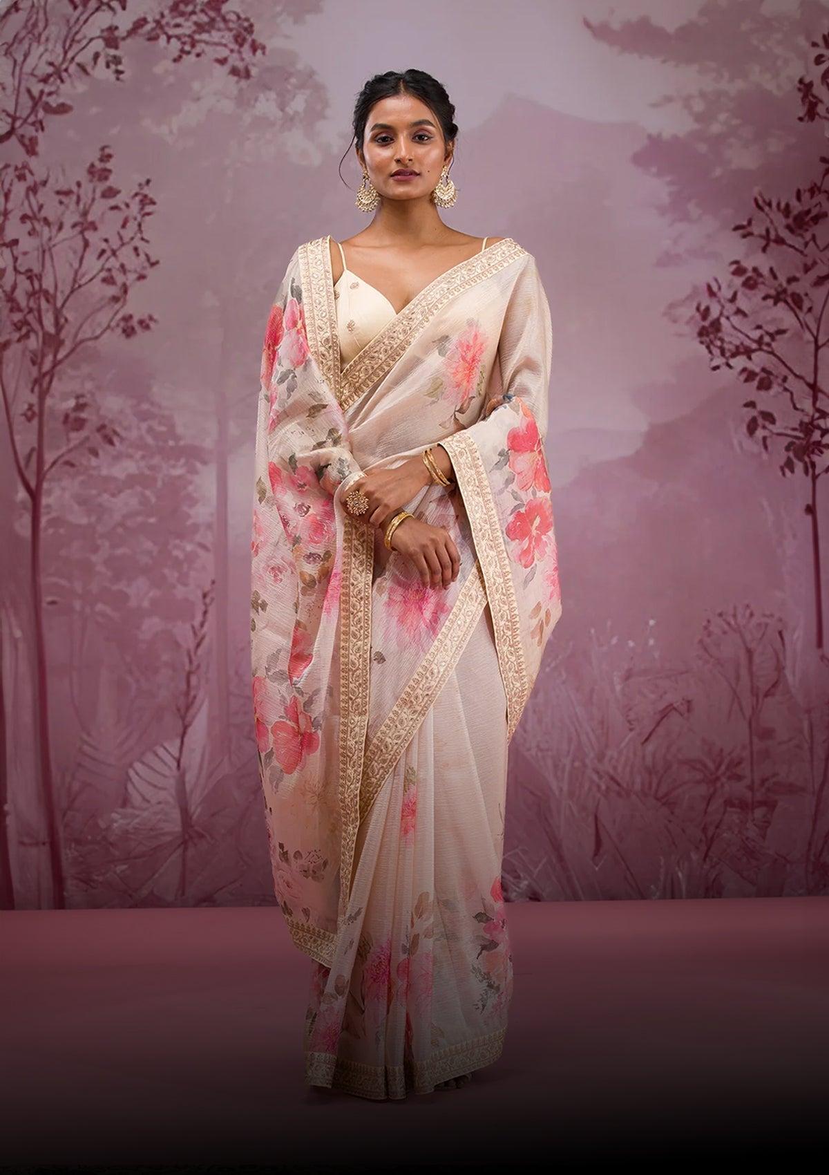 Printed Saree Floral Pink 6.3m